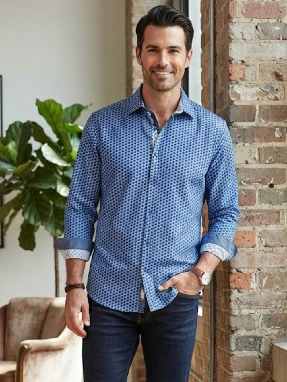 Robert Graham Blue White Geometric Button-Down Shirt Luxury Classic Cotton